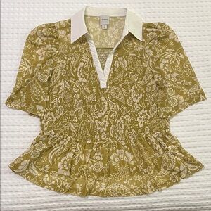 Maeve Moss Green Floral Shirred Peplum Blouse with White Collar